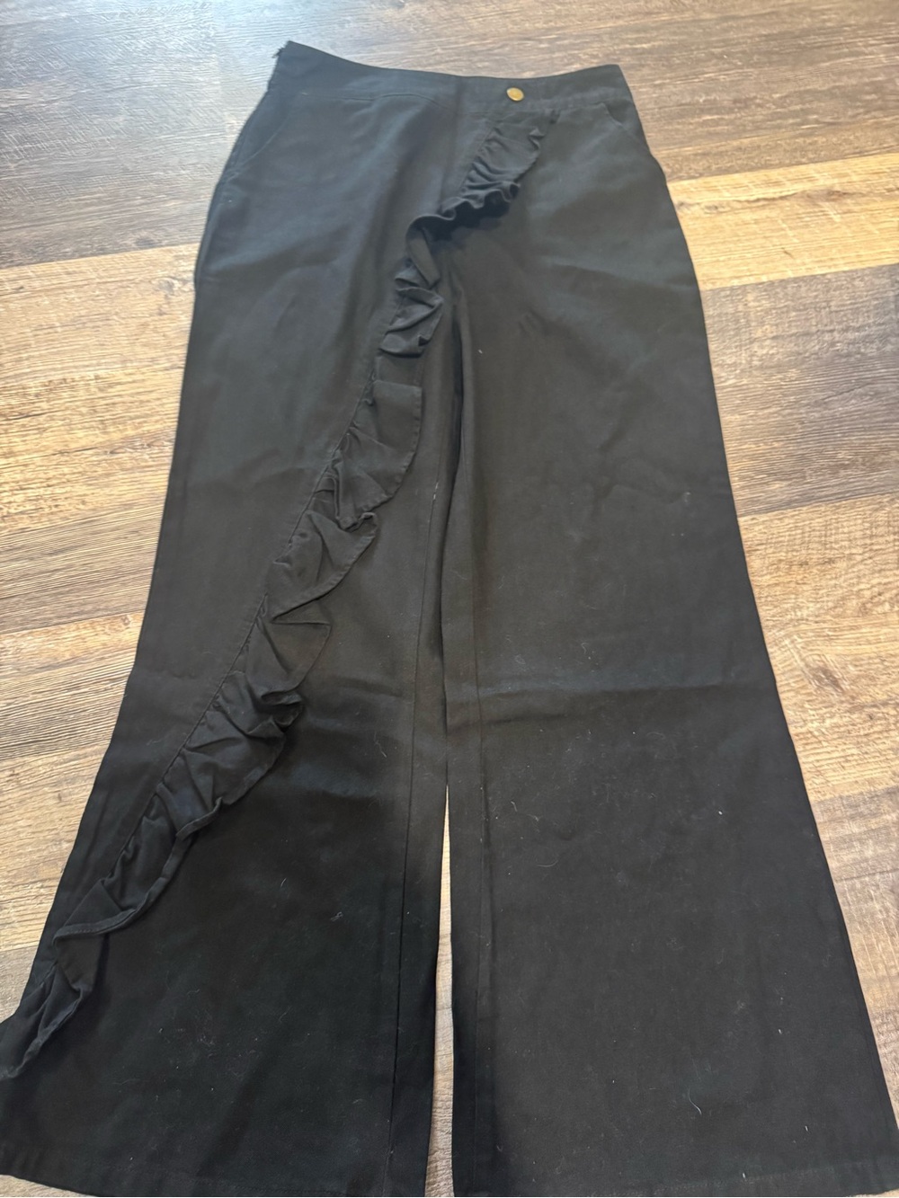 Black Ruffle-Trim Wide Leg Pants